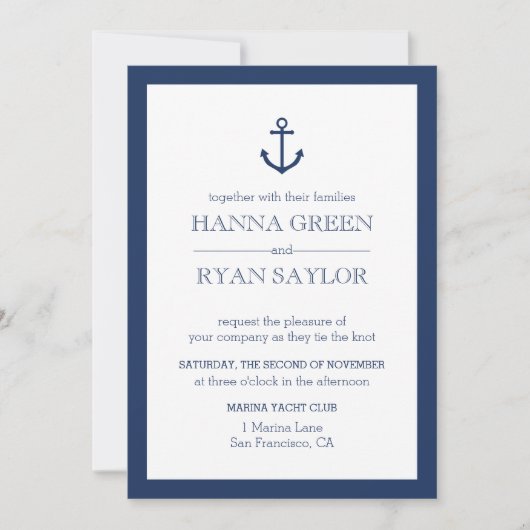 Nautic Navy Blue Anchor Hochzeitseinladung Einladung (Vorderseite)