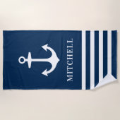 Nautic Navy Blue Anchor Individuelle Name Beach Strandtuch (Vorderseite)