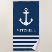 Nautic Navy Blue Anchor Individuelle Name Beach Strandtuch (Vorderseite)