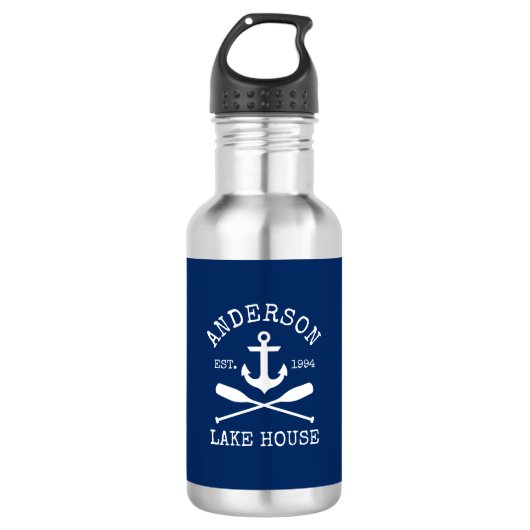 Nautic Navy Blue Anchor Oars Family Lake House Edelstahlflasche (Vorderseite)