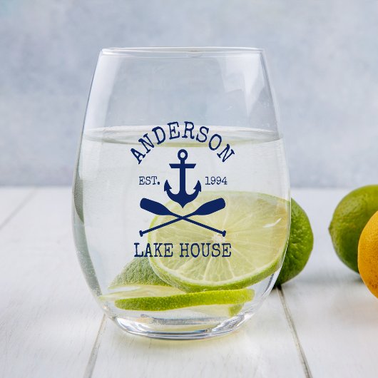 Nautic Navy Blue Anchor Oars Family Lake House Weinglas Ohne Stiel