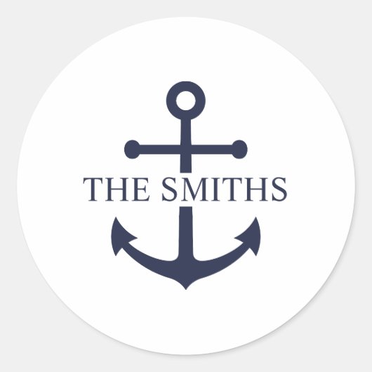 Nautic Navy Blue Anchor Personalisierter Familienn Runder Aufkleber (Vorderseite)