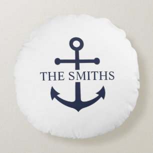 Nautic Navy Blue Anchor Personalisierter Familienn Rundes Kissen