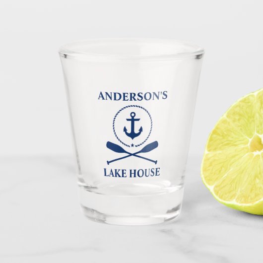 Nautic Navy Blue Anchor Rope Oars Lake House Schnapsglas (Vorderseite)