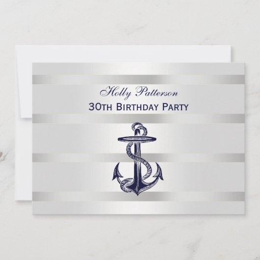 Nautic Navy Blue Anchor Silver Wt BG H Birthday Einladung (Vorderseite)