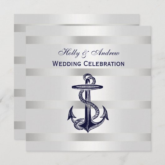 Nautic Navy Blue Anchor Silver Wt BG SQ Hochzeit Einladung (Vorne/Hinten)
