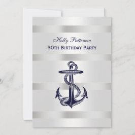 Nautic Navy Blue Anchor Silver Wt BG V Birthday Einladung