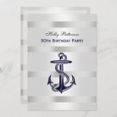 Nautic Navy Blue Anchor Silver Wt BG V Birthday Einladung (Vorne/Hinten)