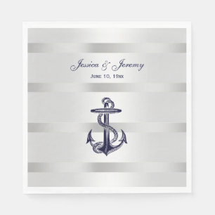 Nautic Navy Blue Anchor Silver Wt BG Wedding Serviette