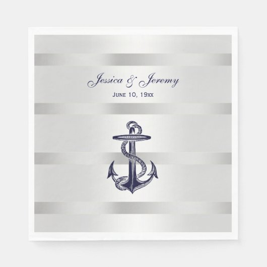 Nautic Navy Blue Anchor Silver Wt BG Wedding Serviette (Vorderseite)