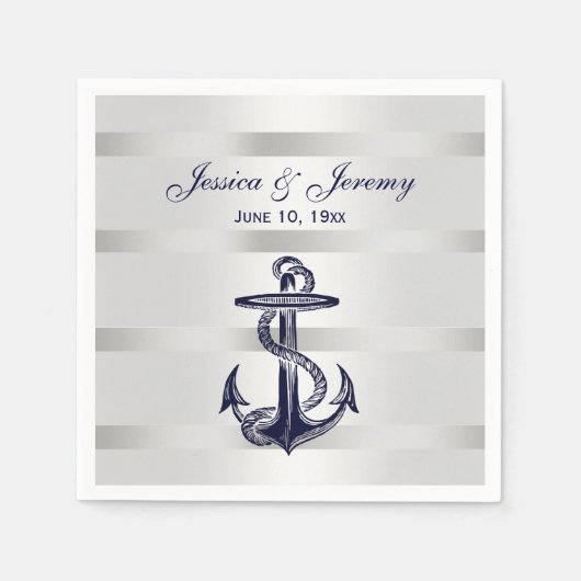 Nautic Navy Blue Anchor Silver Wt BG Wedding Serviette (Vorderseite)