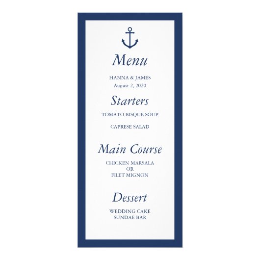 Nautic Navy Blue Anchor Wedding Menu Werbekarte (Vorne)