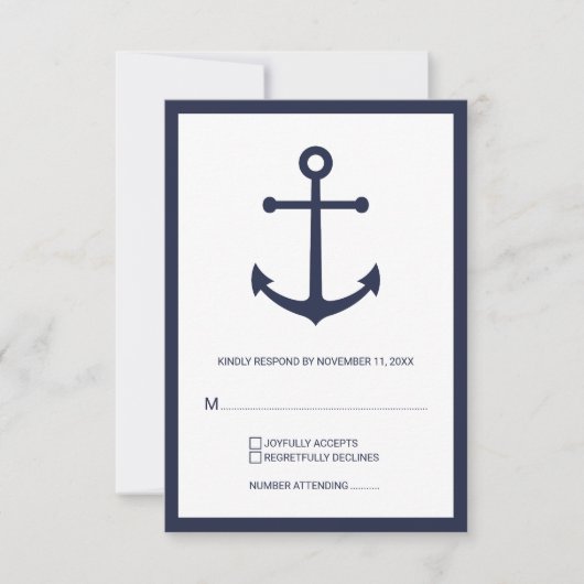 Nautic Navy Blue Anchor Wedding RSVP Karte (Vorderseite)