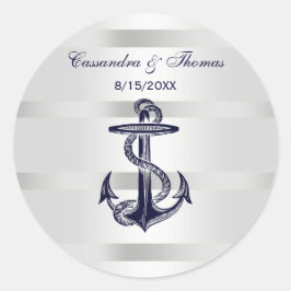 Nautic Navy Blue Anchor Wht BG R Umschlag Aufklebe Runder Aufkleber