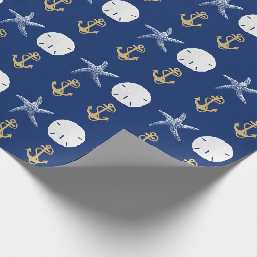 Nautic Navy Blue Anchors Coastal Starfish Geschenkpapier (Ecke)