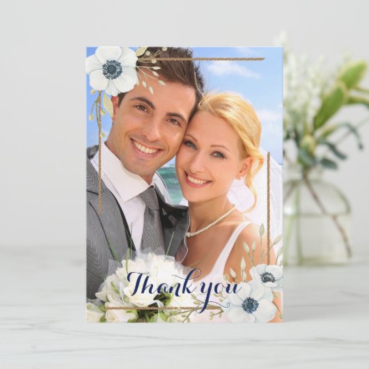 Nautic Navy Blue Anemone Wedding Foto Vielen Dank Dankeskarte (Stehend Vorderseite)