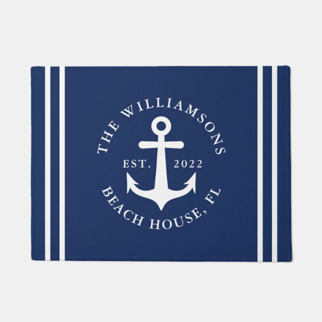 Nautic Navy Blue Beach House Familienname Anchor Fußmatte (Vorderseite)