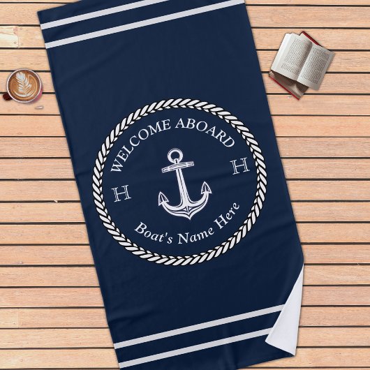 Nautic Navy Blue Boat Name Anchor Rope Strandtuch