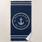 Nautic Navy Blue Boat Name Anchor Rope Strandtuch (Vorderseite)