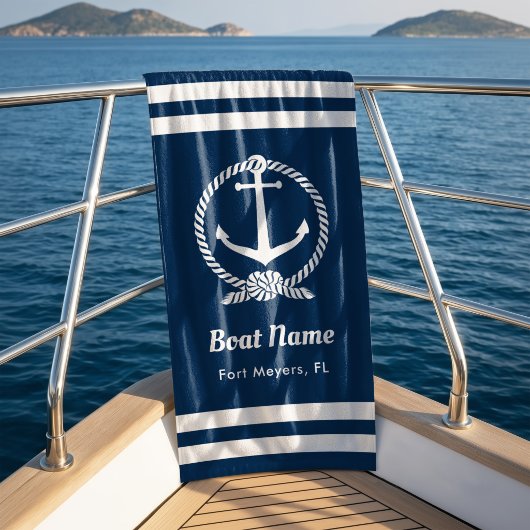 Nautic Navy Blue Custom Bootname Strandtuch