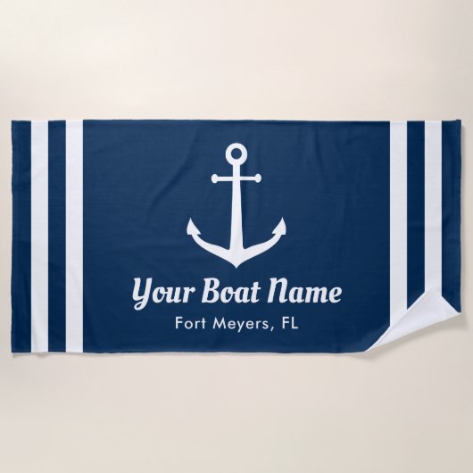 Nautic Navy Blue Custom Bootname Strandtuch (Vorderseite)
