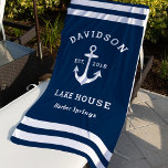 Nautic Navy Blue Custom Family Lake House Strandtuch<br><div class="desc">Das Nautical Beach Handtuch ist mit einem Anker und Streifen im Stil eines Küstenschiffes ausgestattet. Personalisieren Sie den benutzerdefinierten Text mit einem Familiennamen   Seehaus (oder anderen Titel) mit dem Jahr festgelegt und Position. Klassische marineblau-blaue und weiße Farbe.</div>