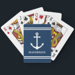 Nautic Navy Blue Custom Family Name Spielkarten<br><div class="desc">Nautical Spielkarten verfügen über einen einfachen Bootanker im Küstenstil mit einer Grenze aus horizontalen Streifen und einem benutzerdefinierten Text in Monogramm. Personalisieren Sie Ihre Daten mit einem Vor- oder Nachnamen. Die Farbe Blau und Weiß der klassischen Marine kann geändert werden.</div>