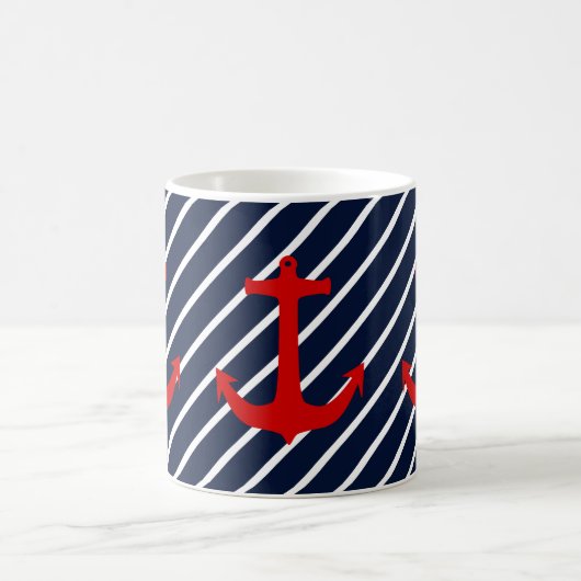 Nautic Navy Blue Diagonal Stripe Red Anchor Kaffeetasse (Mittel)