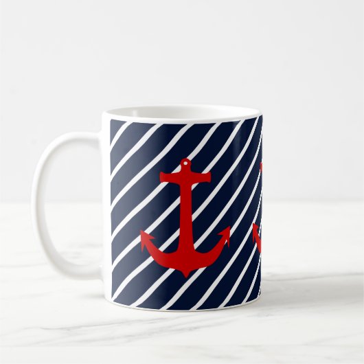 Nautic Navy Blue Diagonal Stripe Red Anchor Kaffeetasse (Links)
