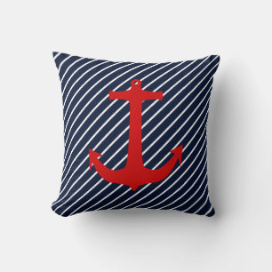 Nautic Navy Blue Diagonal Stripe Red Anchor Kissen