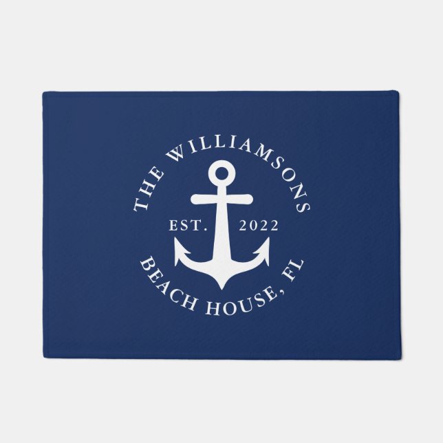 Nautic Navy Blue Family Name Anchor Beach House Fußmatte (Vorderseite)