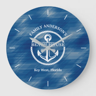 Nautic Navy Blue Family Name Anchor Beach House Große Wanduhr
