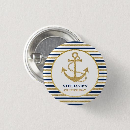 Nautic Navy Blue Gold Anchor Button (Vorne & Hinten)