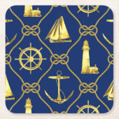 Nautic Navy Blue Gold Anchor Rope Lighthouse Rechteckiger Pappuntersetzer (Vorderseite)