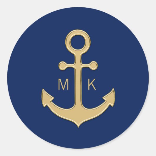 Nautic Navy Blue Gold Anchor Wedding MONOGRAMS Runder Aufkleber (Vorderseite)