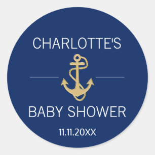 Nautic Navy Blue Gold Anchor White BABY SHOWER Runder Aufkleber