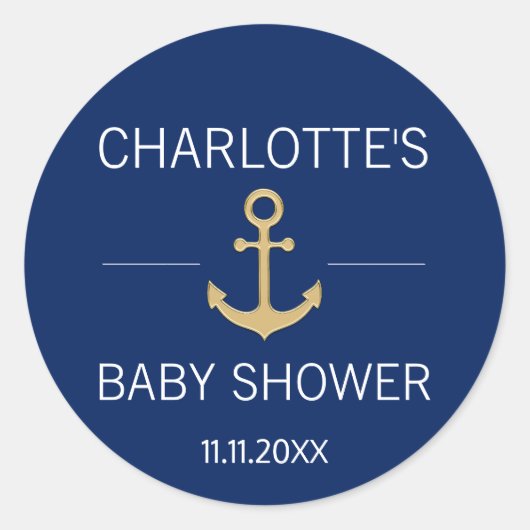 Nautic Navy Blue Gold Anchor White BABY SHOWER Runder Aufkleber (Vorderseite)