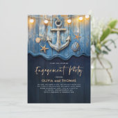 Nautic Navy Blue & Gold Anker Engagement Party Einladung (Stehend Vorderseite)