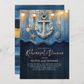 Nautic Navy Blue & Gold Anker Probe Dinner Einladung (Vorne/Hinten)