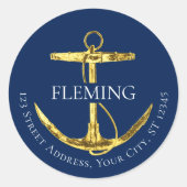 Nautic Navy Blue Gold Ankeradresse Runder Aufkleber (Vorderseite)