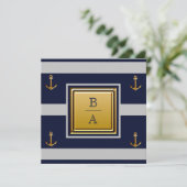 Nautic Navy Blue Gray Stripes Anchor Wedding Inv Einladung (Stehend Vorderseite)
