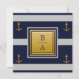 Nautic Navy Blue Gray Stripes Anchor Wedding Inv Einladung