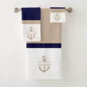 Nautic Navy Blue Khaki White Anchor Monogram Badhandtuch Set (Insitu)