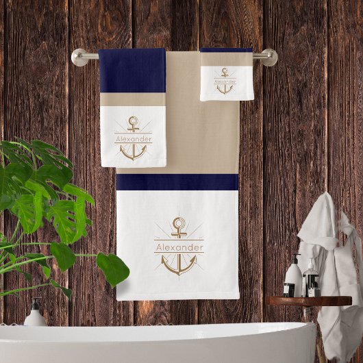 Nautic Navy Blue Khaki White Anchor Monogram Badhandtuch Set