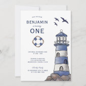 Nautic Navy Blue Lighthouse Costal 1. Geburtstag Einladung (Vorderseite)