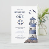 Nautic Navy Blue Lighthouse Costal 1. Geburtstag Einladung (Stehend Vorderseite)