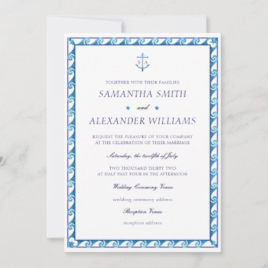 Nautic Navy Blue Monogram Anchor Wedding Einladung (Vorderseite)