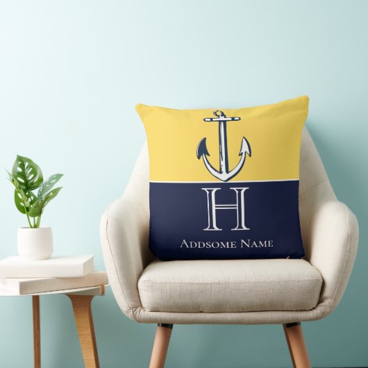 Nautic Navy Blue Mustard Yellow Anchor Monogram Kissen (Stuhl )