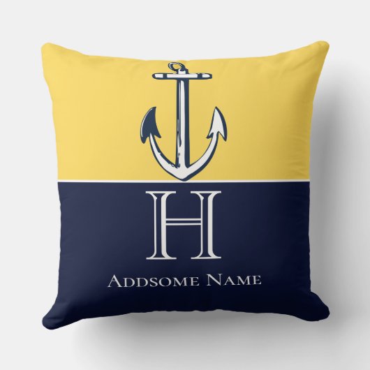 Nautic Navy Blue Mustard Yellow Anchor Monogram Kissen (Rückseite)