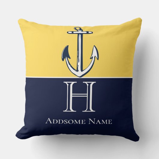 Nautic Navy Blue Mustard Yellow Anchor Monogram Kissen (Vorderseite)
